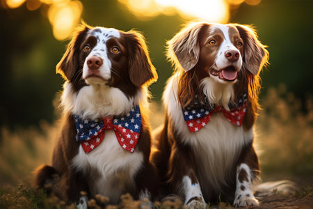 Two dogsScotia Duck Tolling Retriever and Irish Springer Spaniel, sitting in a field at sunsetの素材