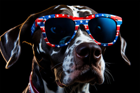 Dog wearing sunglasses and american flag. Isolated on black background.の素材