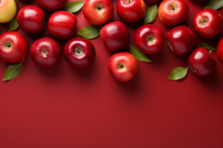 Red apples with green leaves on red background, top view. Space for textの写真素材