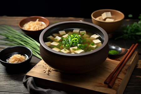 Japanese miso soup with tofu and vegetables in bowl on wooden tableの写真素材