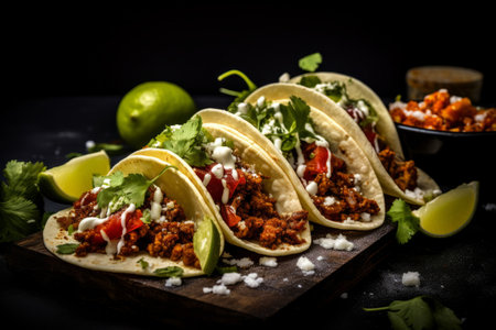 Traditional mexican tacos with ground beef and vegetables on black backgroundの写真素材
