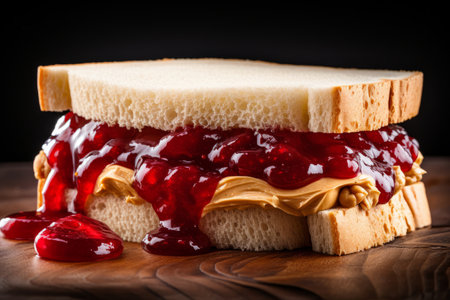PB & J Peanut butter and jelly sandwich - Sandwich with cherry jam on a wooden background. Selective focus.の写真素材