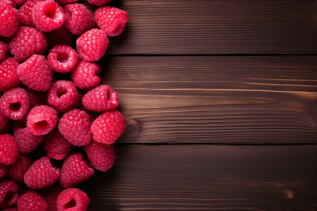 Raspberries on brown wooden background. Top view with copy spaceの写真素材