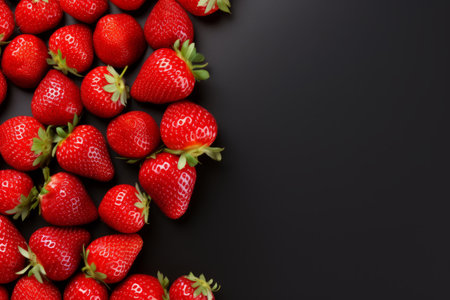 Strawberries on black background, top view, copy space.の写真素材