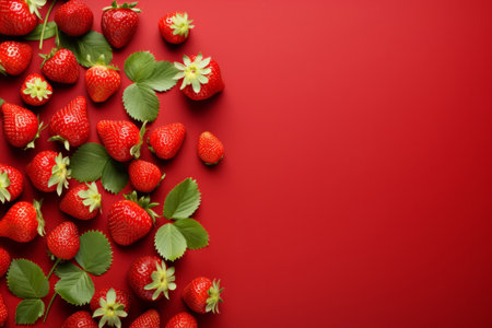 Fresh strawberries with leaves on red background, top view. Space for textの写真素材