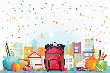 Back to school background with school supplies and confetti. Vector illustration.の素材