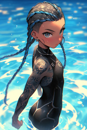 Wednesday Addams - 3D illustration of a beautiful girl with braids in the water