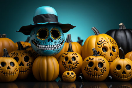 Halloween pumpkins with skull costume and hat. 3d illustration.の素材