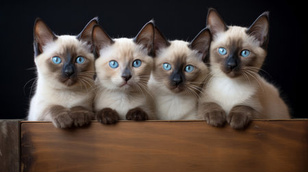 Group of siamese cats with blue eyes on a black backgroundの素材
