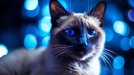 Portrait of a siamese cat with blue eyes. Blue bokeh background.の素材