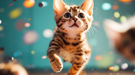 Cute bengal kitten playing with colorful confetti on the floorの素材