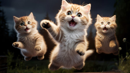 Cute little kitten jumping in the air on a dark background.の素材