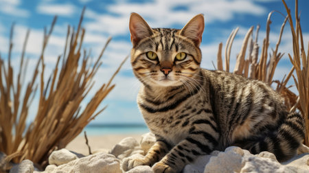 Cute bengal cat on the seashore. Selective focus.の素材