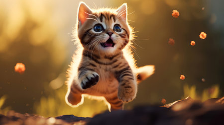 Cute little bengal kitten playing outdoors on sunny day.の素材