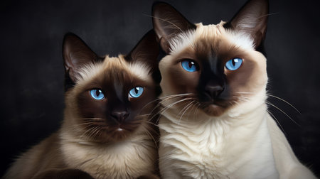 Portrait of two Siamese cats with blue eyes on dark backgroundの素材