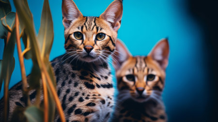 Bengal cat and kitten on blue background. Animal portrait.の素材