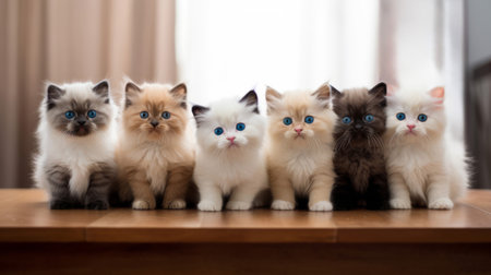 Group of persian kittens with blue eyes sitting on the table.の素材