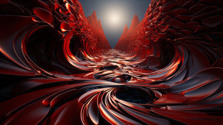 3d rendering of abstract background with red and black wavy patternの素材