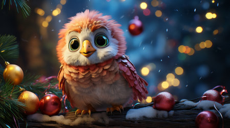 Cute owl with Christmas ornaments on a wooden background.の素材