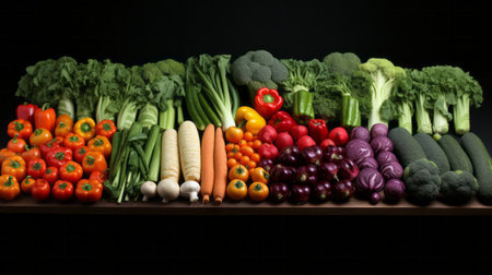 Composition with variety of raw organic vegetables on wooden shelf against black backgroundの素材