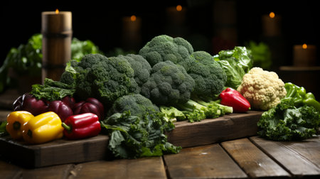 Composition with variety of raw organic vegetables on wooden table. Balanced diet.の素材