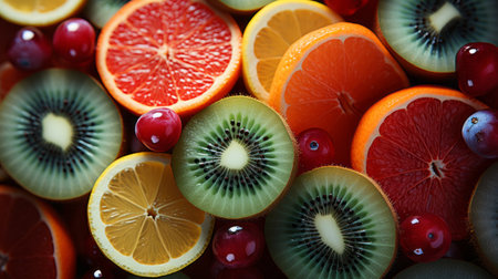 Citrus fruit background. Kiwi, orange, grapefruit and cranberryの素材