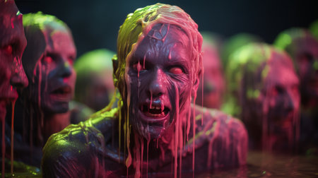 3d rendering of a group of zombies with red and green colorの素材
