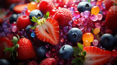 Fresh berries in water on colorful background, closeup. Healthy foodの素材