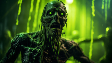 Horror scene with creepy zombie in green forest. Halloween concept.の素材