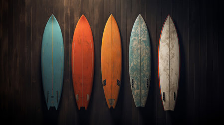 Surfboards on a wooden background. 3D Rendering.の素材