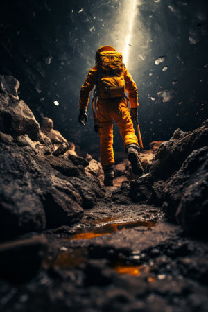 Astronaut walking on the trail in the crater of the volcanoの素材