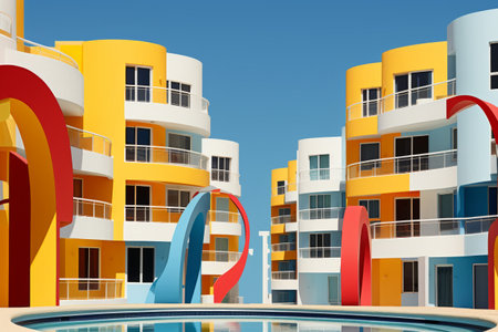 Modern apartment buildings with swimming pool on a sunny day. 3d renderingの素材