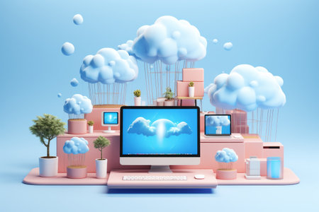 Cloud computing concept. 3d illustration in blue pastel tone.の素材