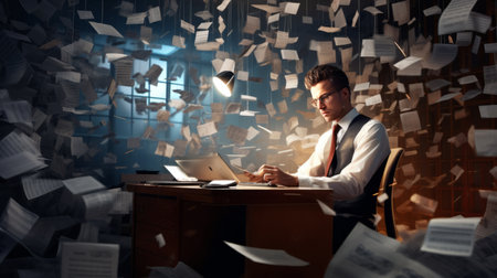 Businessman sitting at the table and working with papers in the officeの素材