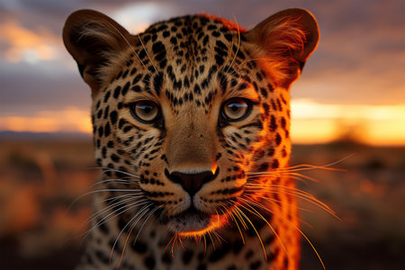 Close-up portrait of a leopard in the sunset light.の素材
