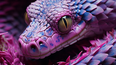 close up of the head of a purple viper on a pink flowerの素材