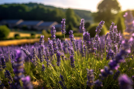 Lavender flowers blooming in a lavender field at sunsetの写真素材