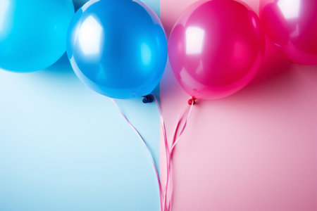 Gender reveal - Colorful balloons on a blue and pink background. Copy space.の素材