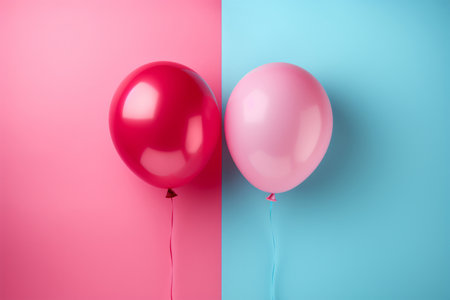 Gender reveal - Two pink balloons on blue and pink background. Minimal creative concept.の素材