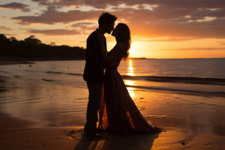 Silhouette of a young couple kissing on the beach at sunsetの素材
