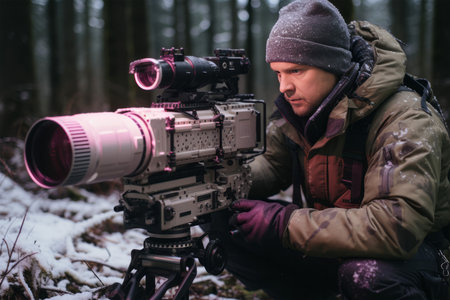 Photographer with video camera in the winter forest. Filmmaking.の素材
