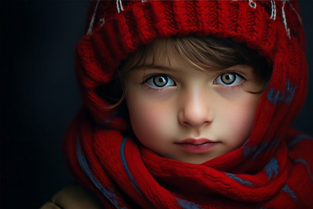 Portrait of a little girl in a red hat and scarf.の素材