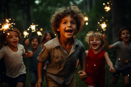Group of children having fun with sparklers in the forest at nightの素材