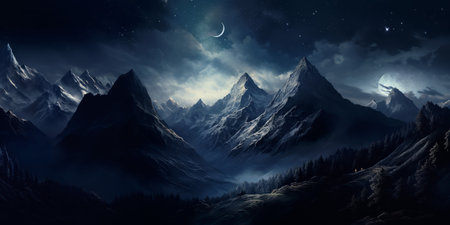 Fantasy landscape with mountains, moon and stars in the sky.の素材