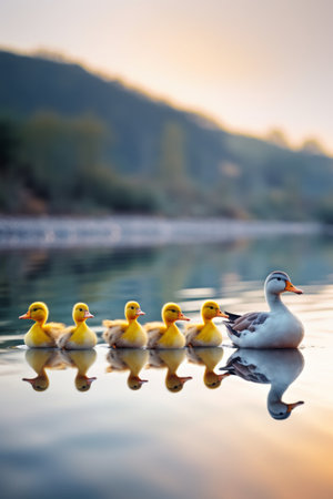 Ducklings swimming on the lake at sunset. Beautiful nature backgroundの素材