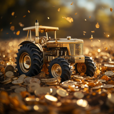 Tractor with gold coins on the background of a golden field. Business conceptの素材
