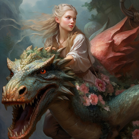 Beautiful young woman with dragon in her hands. Digital painting.の素材