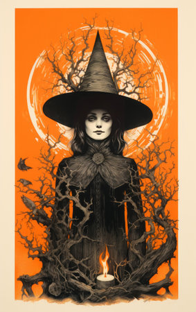 Halloween witch with a candle in her hand. Halloween illustration.の素材