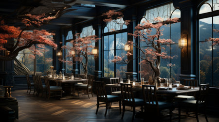 3D rendering of a luxury chinese restaurant interior with a beautiful viewの素材
