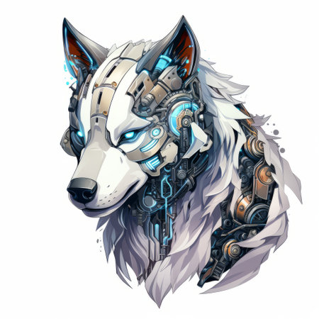 Illustration of a wolf head with robot elements on a white backgroundの素材